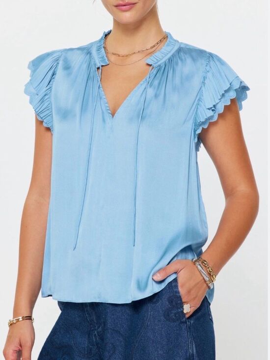 luminary Tops - Light Blue Ruffle Sleeve V-Neck Top